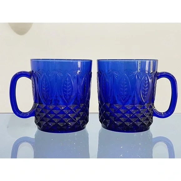 Set of 4 Arcoroc Blue Cobalt Royal Glass Mugs Made in France Vintage Coffee Cups - Picture 3 of 10